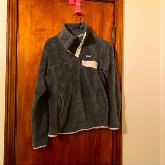Patagonia Fleece Re-Tool Snap T Pullover Jacket Dark Gray Cream Medium Cozy Soft - Picture 1 of 7